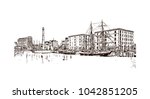 Building view of Liverpool is a maritime city in northwest England. Hand drawn sketch illustration in vector.