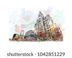 Building view of Liverpool is a maritime city in northwest England. Watercolor splash with Hand drawn sketch illustration in vector.