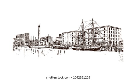 Building view of Liverpool is a maritime city in northwest England. Hand drawn sketch illustration in vector.