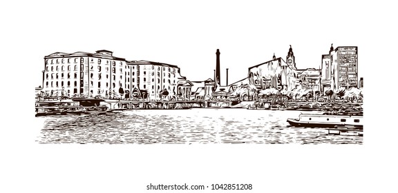 Building view of Liverpool is a maritime city in northwest England. Hand drawn sketch illustration in vector.