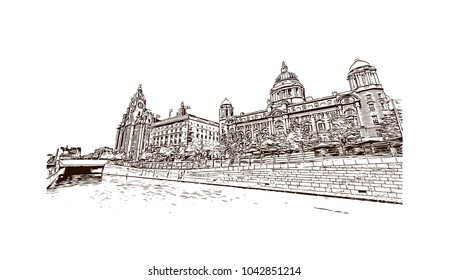 Building view of Liverpool is a maritime city in northwest England. Hand drawn sketch illustration in vector.