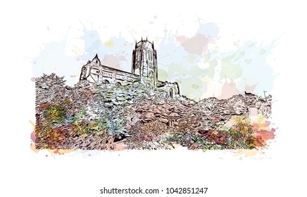 Building view of Liverpool is a maritime city in northwest England. Watercolor splash with Hand drawn sketch illustration in vector.