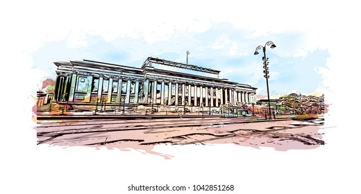 Building view of Liverpool is a maritime city in northwest England. Watercolor splash with Hand drawn sketch illustration in vector.