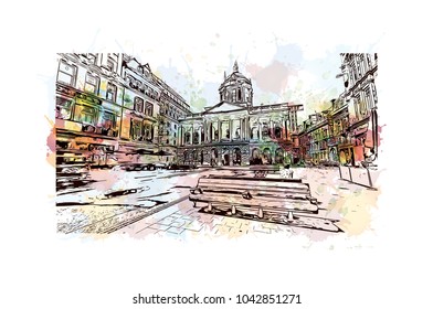 Building view of Liverpool is a maritime city in northwest England. Watercolor splash with Hand drawn sketch illustration in vector.