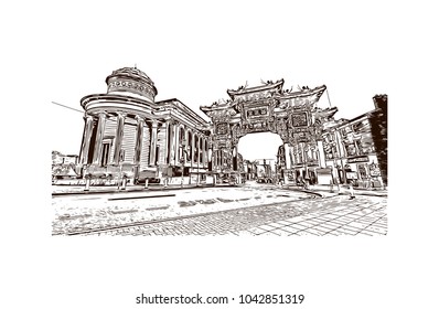 Building view of Liverpool is a maritime city in northwest England. Hand drawn sketch illustration in vector.