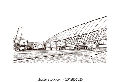 Building view of Liverpool is a maritime city in northwest England. Hand drawn sketch illustration in vector.