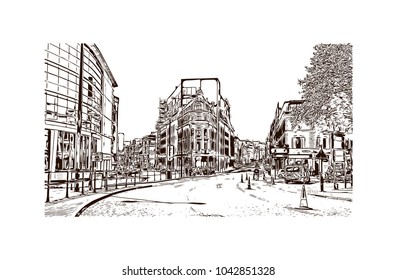 Building view of Liverpool is a maritime city in northwest England. Hand drawn sketch illustration in vector.