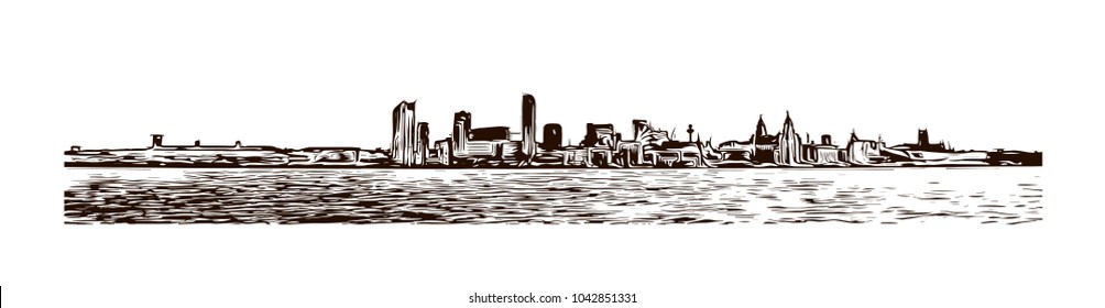 Building view of Liverpool is a maritime city in northwest England. Hand drawn sketch illustration in vector.