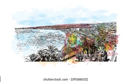 Building view of Nice City in France. Watercolor splash with hand drawn sketch illustration in vector.