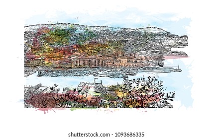 Building view of Nice City in France. Watercolor splash with hand drawn sketch illustration in vector.