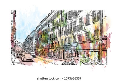 Building view of Nice City in France. Watercolor splash with hand drawn sketch illustration in vector.