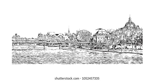Building view in Paris Capital of France. Hand drawn sketch illustration in vector.