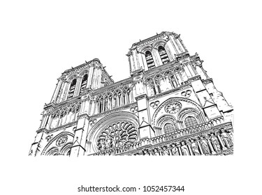 Building view in Paris Capital of France. Hand drawn sketch illustration in vector.