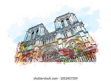 Building view in Paris Capital of France. Watercolor splash with Hand drawn sketch illustration in vector.