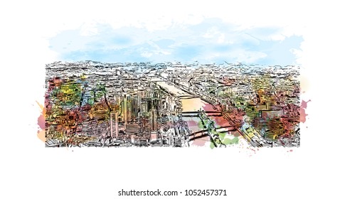 Building view in Paris Capital of France. Watercolor splash with Hand drawn sketch illustration in vector.