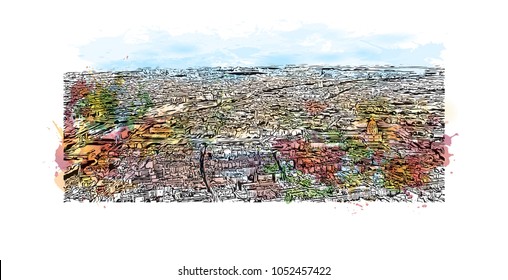 Building view in Paris Capital of France. Watercolor splash with Hand drawn sketch illustration in vector.