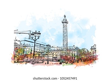 Building view in Paris Capital of France. Watercolor splash with Hand drawn sketch illustration in vector.