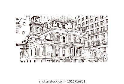 Building view at Philadelphia City in Pennsylvania, USA. Hand drawn sketch illustration in vector.