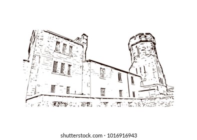 Building view at Philadelphia City in Pennsylvania, USA. Hand drawn sketch illustration in vector.