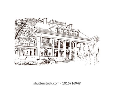 Building view at Philadelphia City in Pennsylvania, USA. Hand drawn sketch illustration in vector.