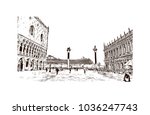 Building view with river and historic places of Venice City in Italy. Hand drawn sketch illustration in vector.