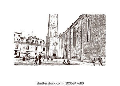 Building view with river and historic places of Venice City in Italy. Hand drawn sketch illustration in vector.