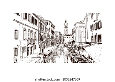 Building view with river and historic places of Venice City in Italy. Hand drawn sketch illustration in vector.