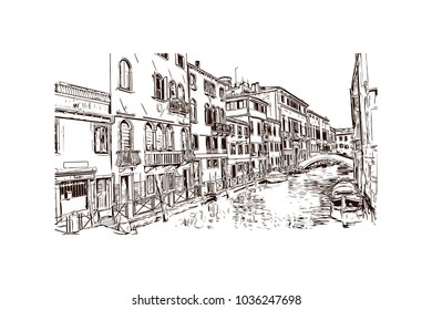 Building view with river and historic places of Venice City in Italy. Hand drawn sketch illustration in vector.