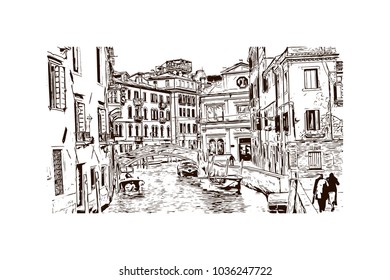 Building view with river and historic places of Venice City in Italy. Hand drawn sketch illustration in vector.