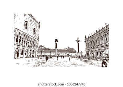 Building view with river and historic places of Venice City in Italy. Hand drawn sketch illustration in vector.