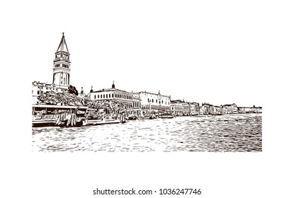 Building view with river and historic places of Venice City in Italy. Hand drawn sketch illustration in vector.