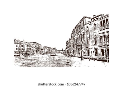 Building view with river and historic places of Venice City in Italy. Hand drawn sketch illustration in vector.