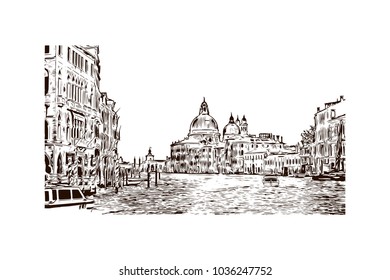 Building view with river and historic places of Venice City in Italy. Hand drawn sketch illustration in vector.