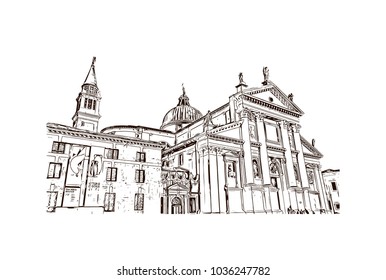 Building view with river and historic places of Venice City in Italy. Hand drawn sketch illustration in vector.