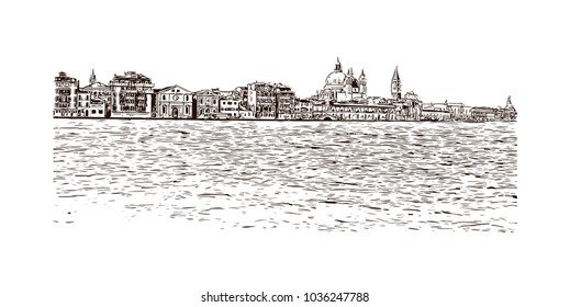 Building view with river and historic places of Venice City in Italy. Hand drawn sketch illustration in vector.