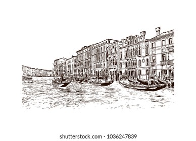 Building view with river and historic places of Venice City in Italy. Hand drawn sketch illustration in vector.