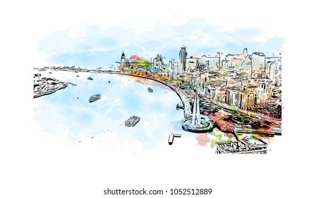 Building view of Shanghai. China’s central coast, is the country's biggest city and a global financial hub. Watercolor splash with Hand drawn sketch illustration in vector.