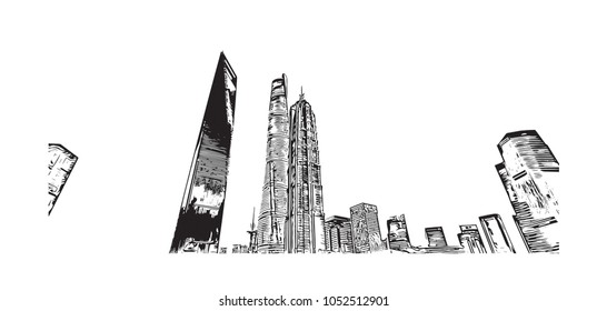 Building view of Shanghai. China’s central coast, is the country's biggest city and a global financial hub. Hand drawn sketch illustration in vector.