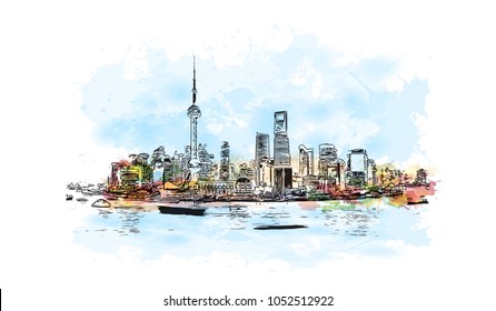 Building view of Shanghai. China’s central coast, is the country's biggest city and a global financial hub. Watercolor splash with Hand drawn sketch illustration in vector.