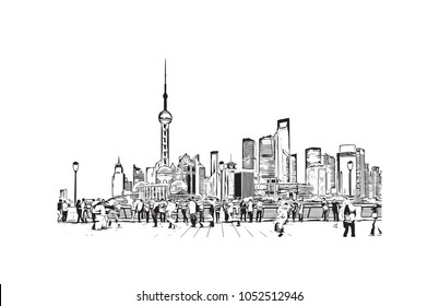 Building view of Shanghai. China’s central coast, is the country's biggest city and a global financial hub. Hand drawn sketch illustration in vector.