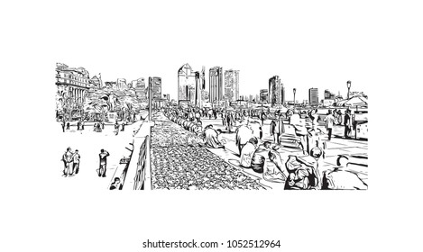 Building view of Shanghai. China’s central coast, is the country's biggest city and a global financial hub. Hand drawn sketch illustration in vector.