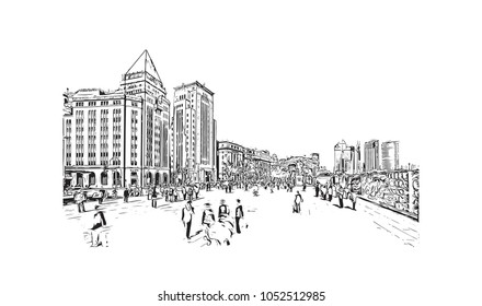 Building view of Shanghai. China’s central coast, is the country's biggest city and a global financial hub. Hand drawn sketch illustration in vector.