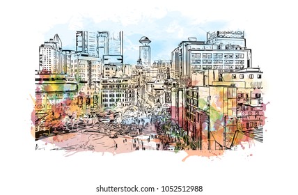 Building view of Shanghai. China’s central coast, is the country's biggest city and a global financial hub. Watercolor splash with Hand drawn sketch illustration in vector.