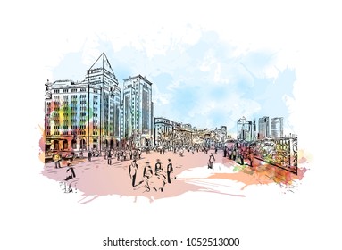 Building view of Shanghai. China’s central coast, is the country's biggest city and a global financial hub. Watercolor splash with Hand drawn sketch illustration in vector.