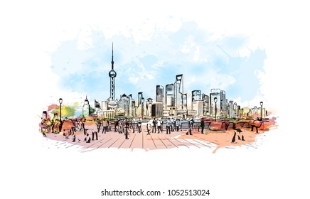 Building view of Shanghai. China’s central coast, is the country's biggest city and a global financial hub. Watercolor splash with Hand drawn sketch illustration in vector.