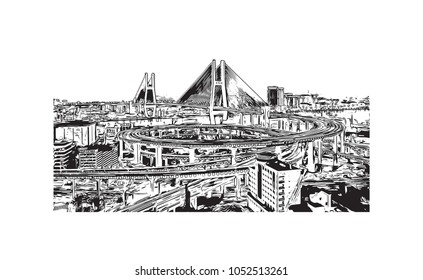 Building view of Shanghai. China’s central coast, is the country's biggest city and a global financial hub. Hand drawn sketch illustration in vector.