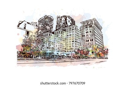 Building view and skyline of Los Angeles City in California. Watercolor splash with hand drawn sketch illustration in vector.