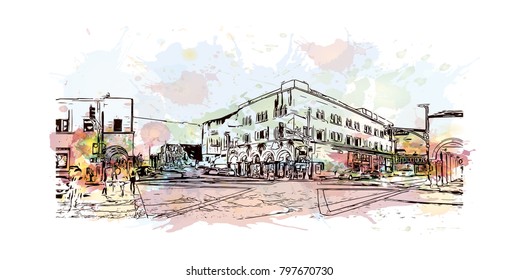Building view and skyline of Los Angeles City in California. Watercolor splash with hand drawn sketch illustration in vector.