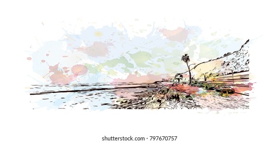 Building view and skyline of Los Angeles City in California. Watercolor splash with hand drawn sketch illustration in vector.