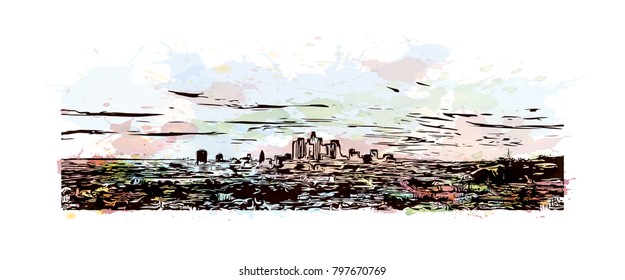 Building view and skyline of Los Angeles City in California. Watercolor splash with hand drawn sketch illustration in vector.